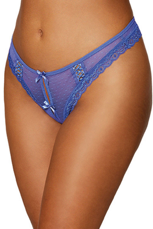 Dot Mesh Open Crotch Thong - Large - Periwinkle