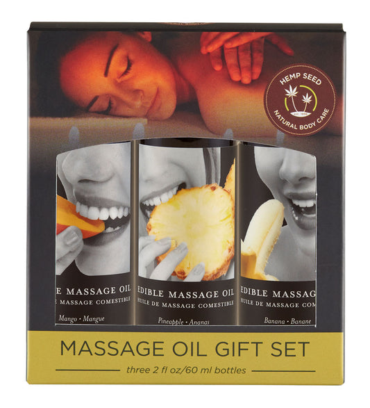 Edible Massage Oil Gift Set Box - 2 Fl. Oz. Bottles - Banana, Mango, Pineapple