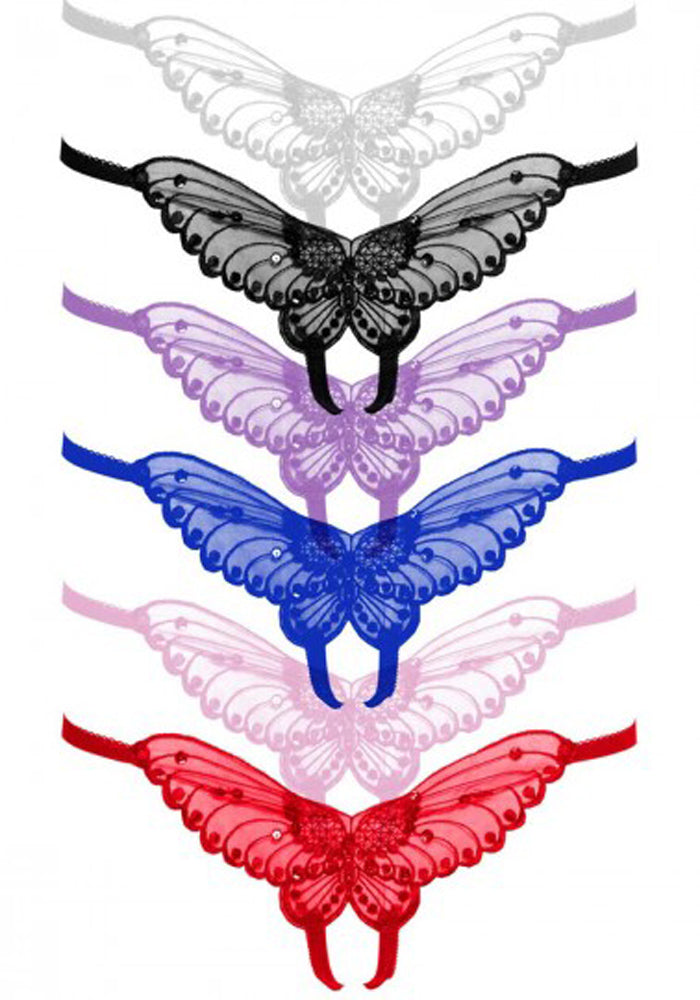 Butterfly Crotchless Panty With Pearl Accents - Assorted Colors - One Size