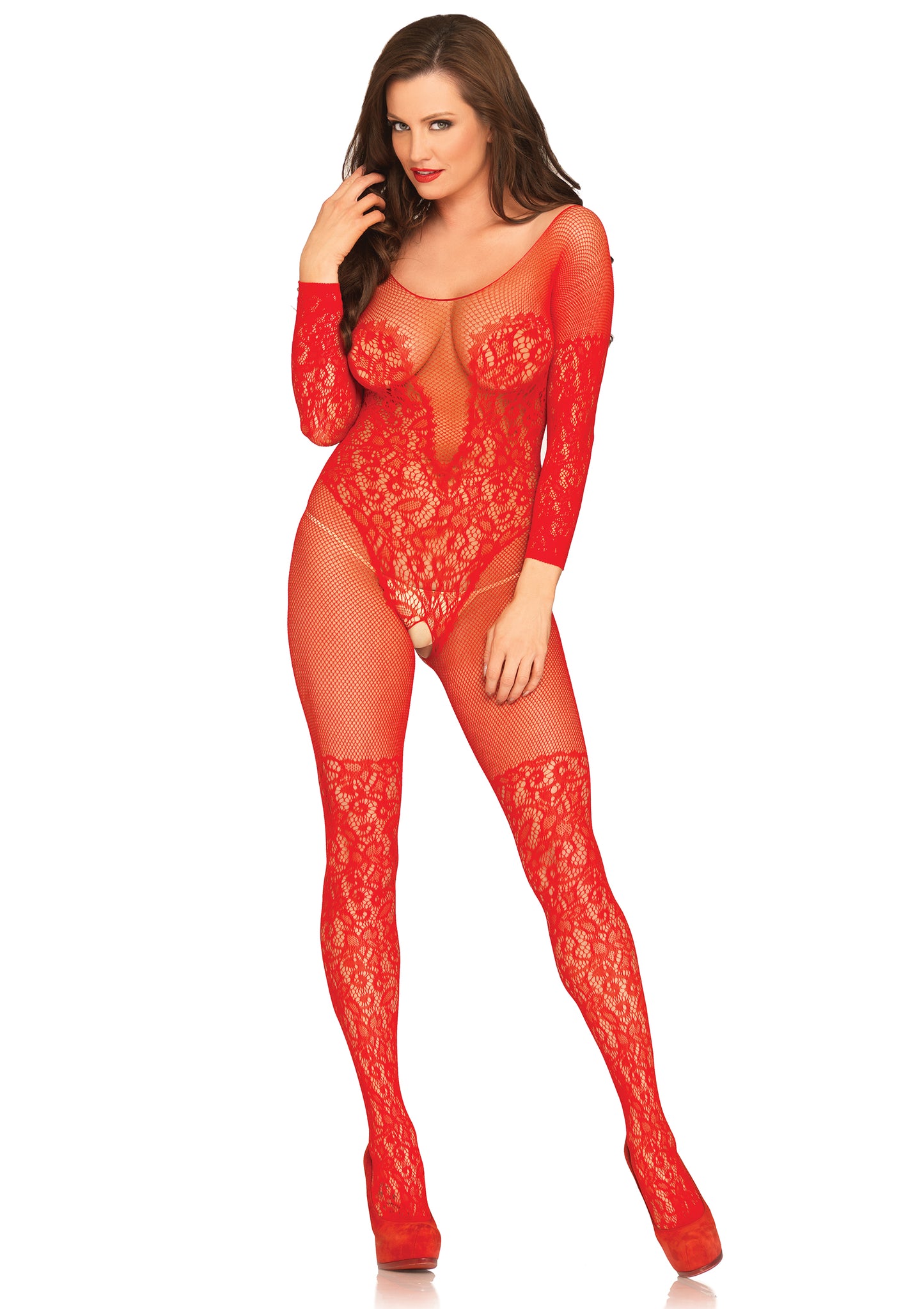 Vine Lace & Net Long Sleeved Bodystocking - One  Size - Red