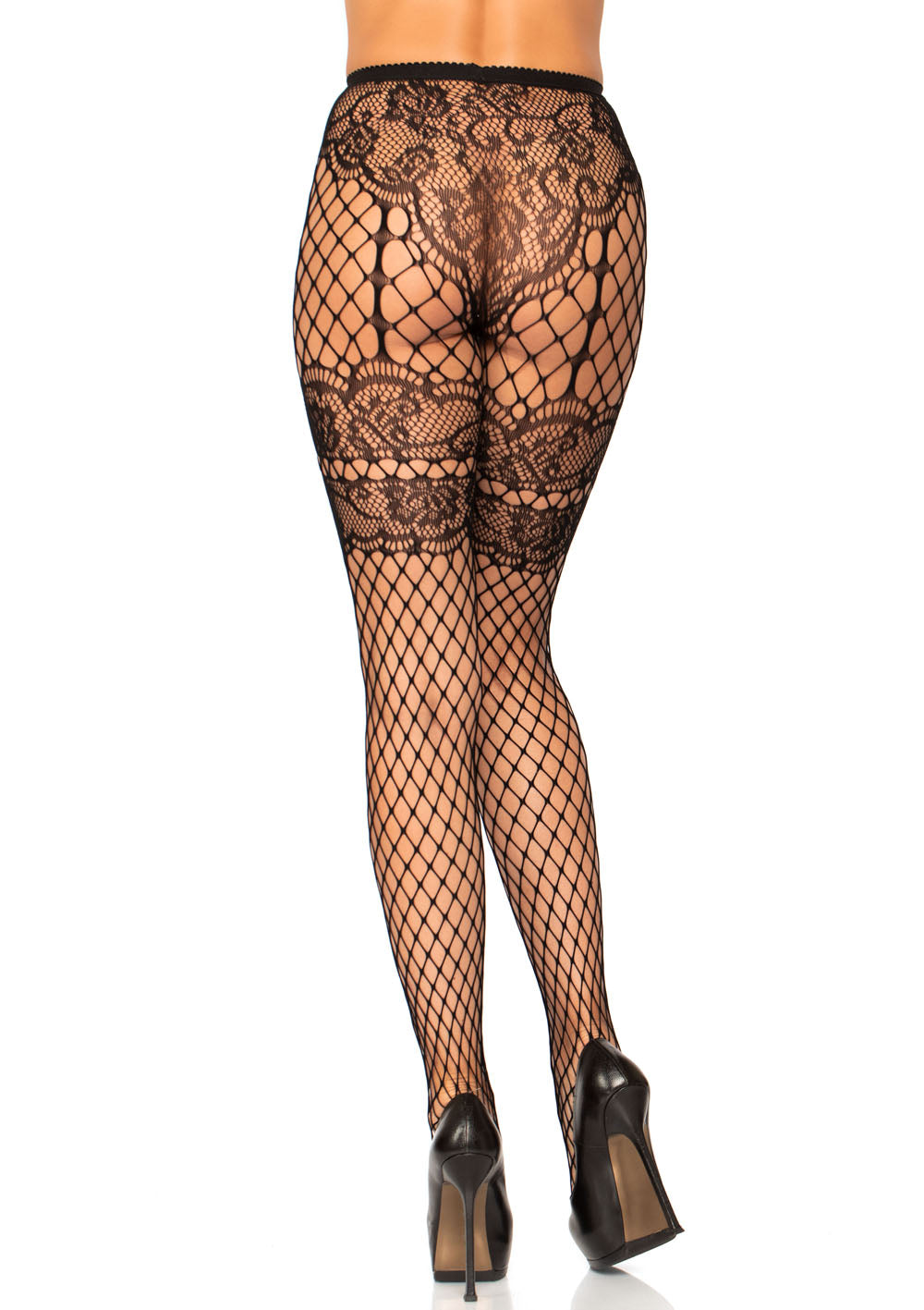 Lace French Cut Faux Garter Net Tights - One Size  Black