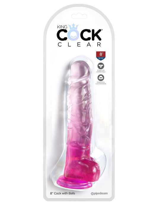 King Cock Clear 8 Inch With Balls - Pink